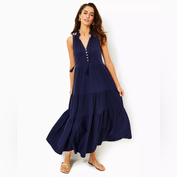 Lilly Pulitzer Dresses & Skirts - Lilly Pulitzer Malone Navy Blue Cotton Sleeveless Tiered Maxi Dress Size XS NWOT